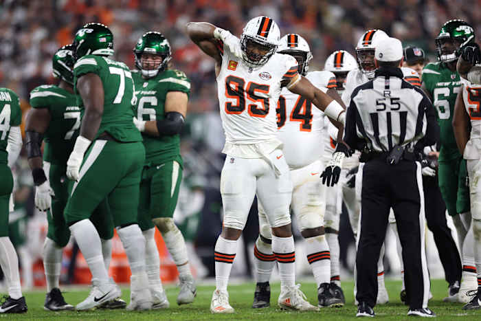 Dec 28, 2023; Cleveland, Ohio, USA; Cleveland Browns defensive end Myles Garrett (95) celebrates after a sack against the New York Jets during the first half at Cleveland Browns Stadium. Mandatory Credit: Scott Galvin-USA TODAY Sports